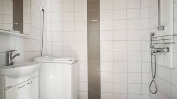 Basic Apartment | Bathroom | Shower, hair dryer, towels, toilet paper