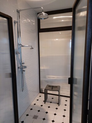 Hair dryer, towels, soap, shampoo