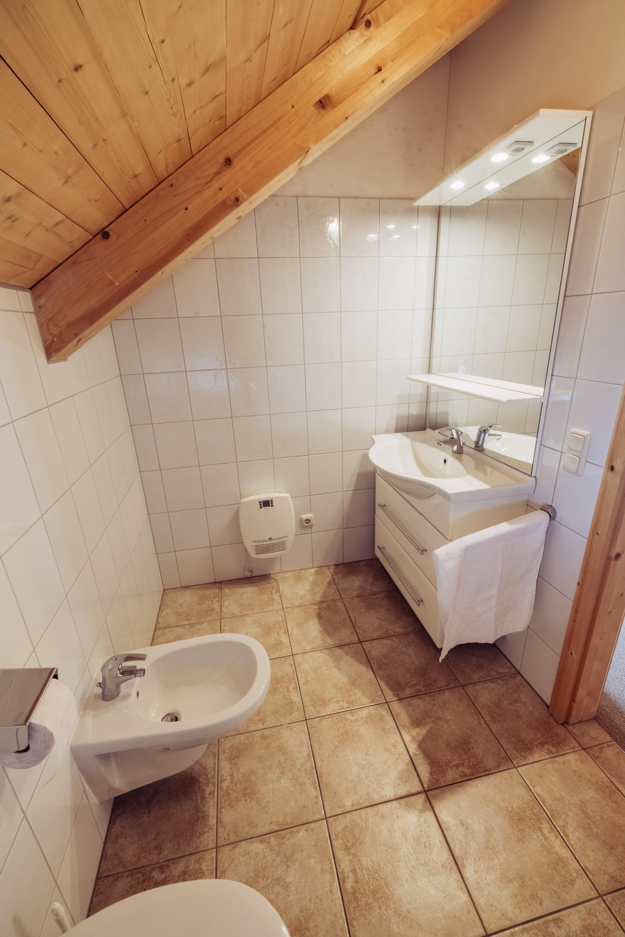 A small bathroom with a wooden ceiling, a sink, a bidet, and a mirror.