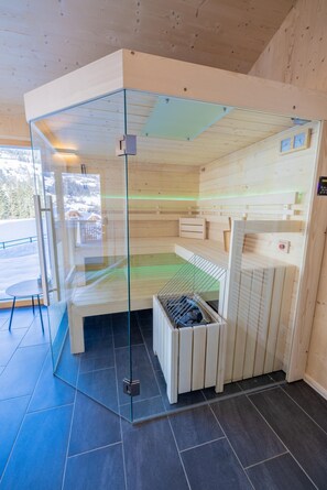 A sauna room with glass walls, wooden benches, and a control panel. - 040 W19 in St Georgen am Kreischberg (Sankt Georgen am Kreischberg)