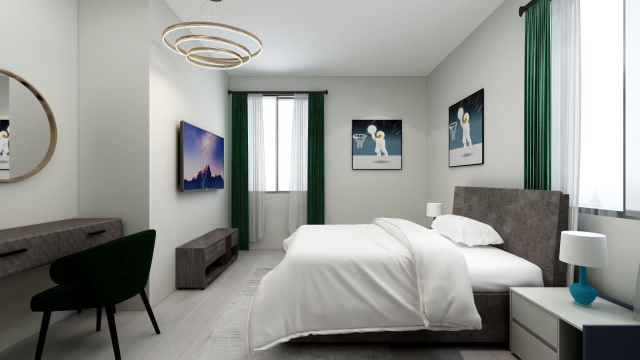 Ein modernes Schlafzimmer mit einem Bett, Nachttischen, einem Schreibtisch und einem Stuhl. Zwei Fenster mit Vorhängen, ein wandmontierter Spiegel und gerahmte Kunstwerke schmücken die Wände.