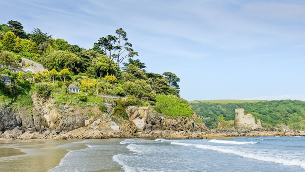 A coastal landscape with a rocky cliff, lush greenery, and a historic stone structure. - 5 Ocean Reach (Kingsbridge)