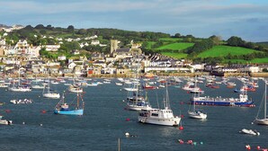A harbor filled with various boats and a coastal town with houses and greenery in the background. - 5 Ocean Reach (Kingsbridge)