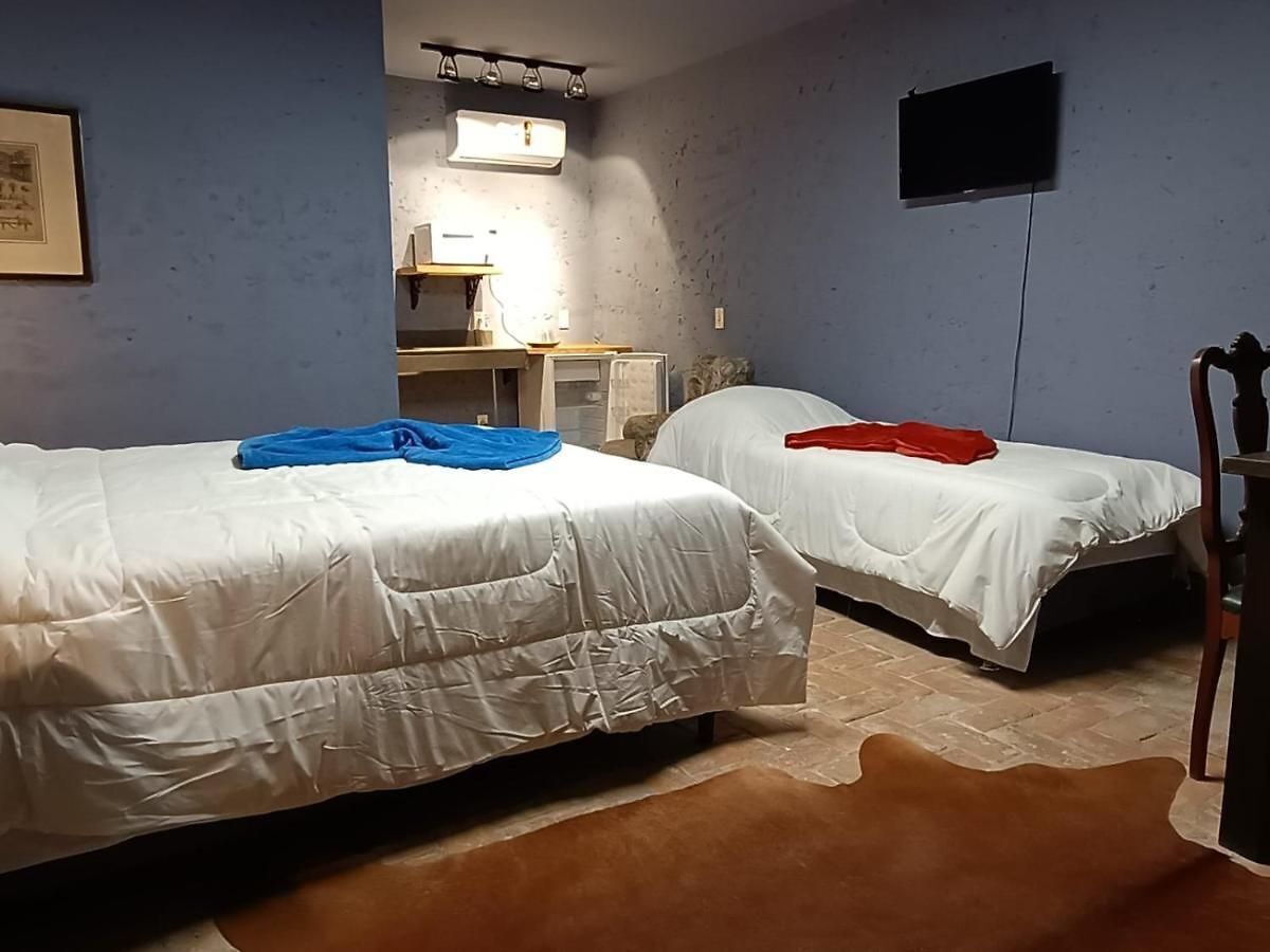 Een kamer met twee bedden, een bureau, een stoel en een televisie.
