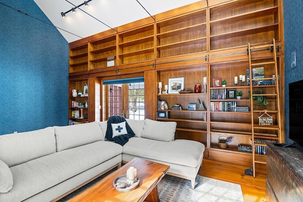 Smart TV, fireplace, books