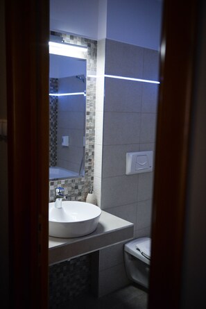 Hair dryer, towels, soap, toilet paper