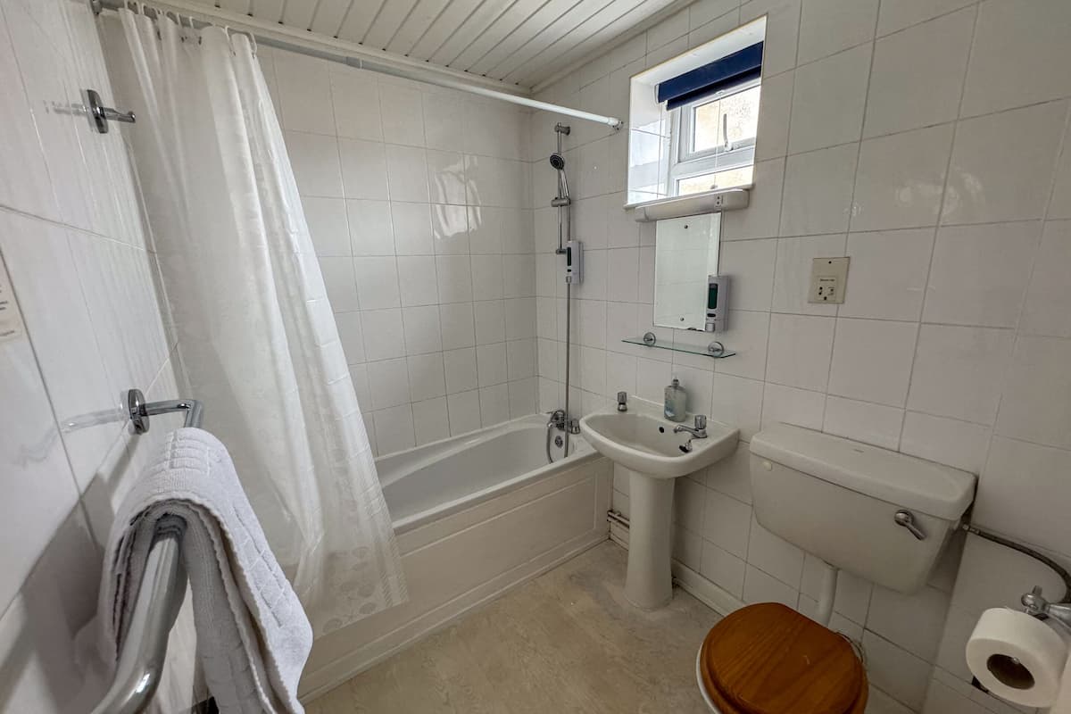 A bathroom with a bathtub, a sink, a toilet, and a shower.