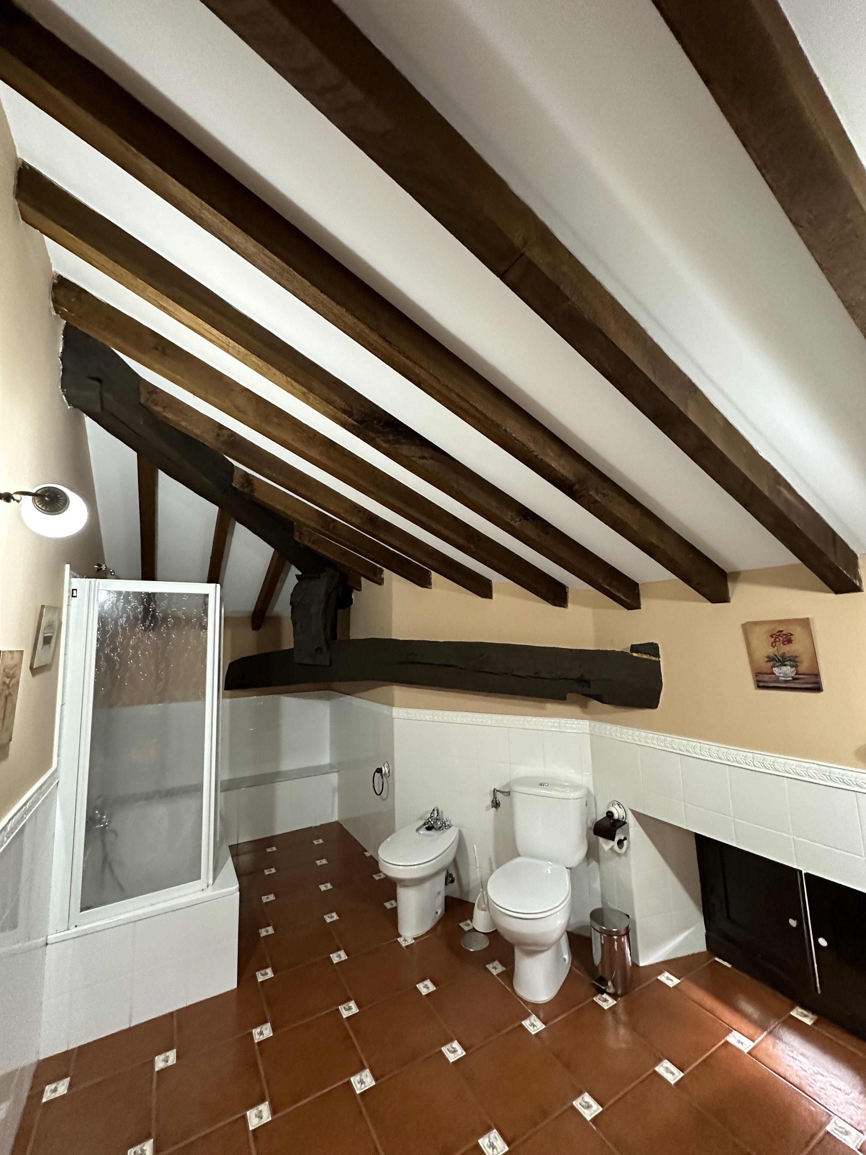 Een badkamer met een douche, twee toiletten, een wastafel en een betegelde vloer.