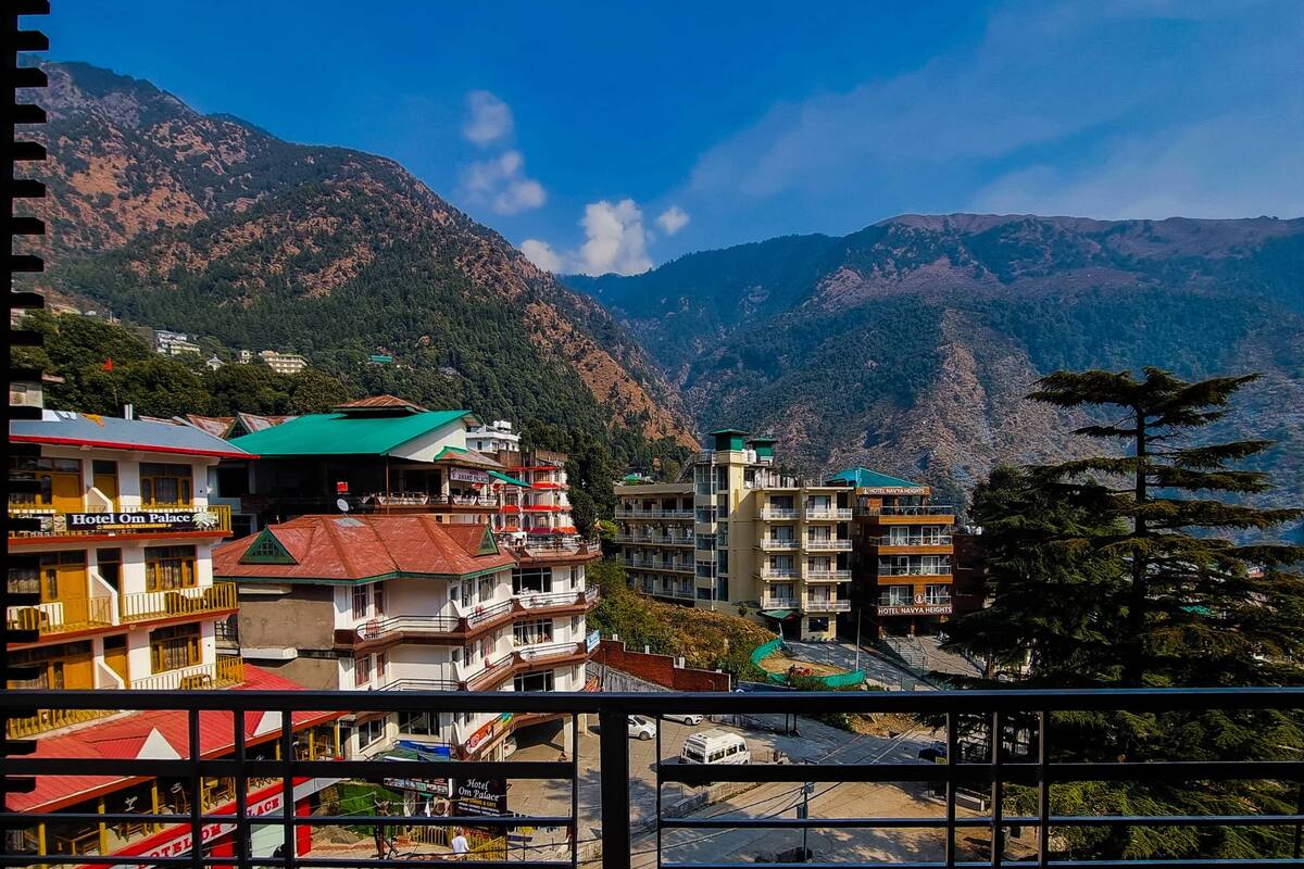 Hotel Om Palace with a red roof, Hotel Naya Heights with a green roof, and a mountainous backdrop.