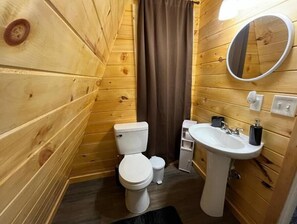 Shower, hair dryer, towels, toilet paper