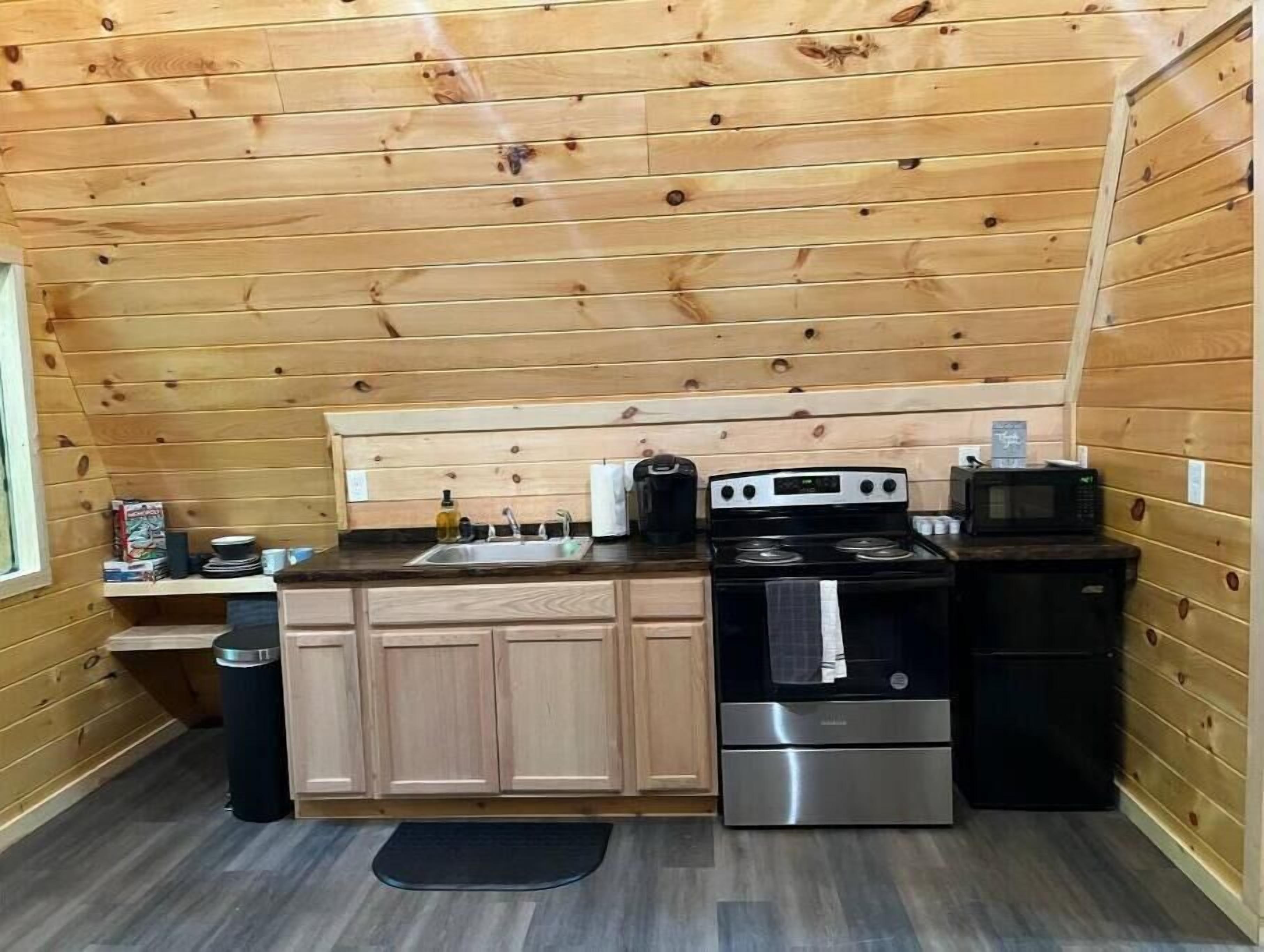 A compact kitchen with wooden walls, a sink, a stove, and a microwave.
