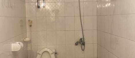 A small, tiled bathroom with a toilet, a shower, and a wall-mounted toilet paper holder.