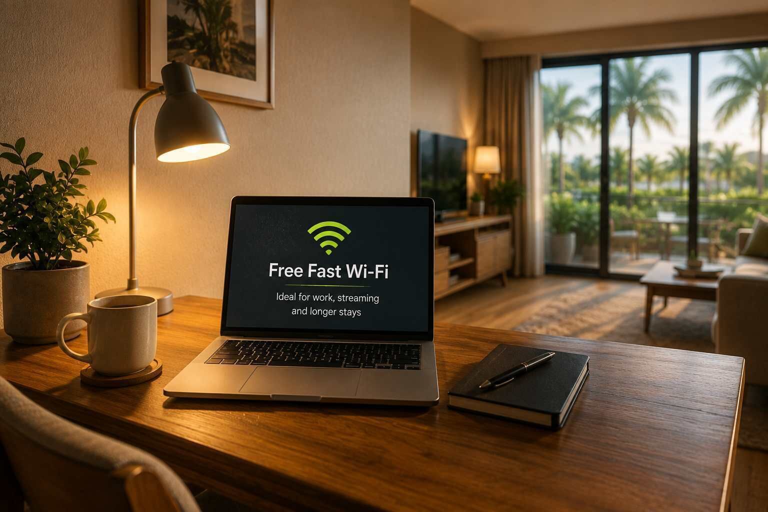 A laptop on a wooden desk with a coffee mug, a notebook, and a pen. The laptop screen displays 'Free Fast Wi-Fi' with a signal icon.