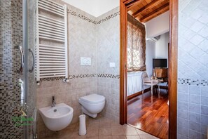 Shower, hair dryer, bidet, towels
