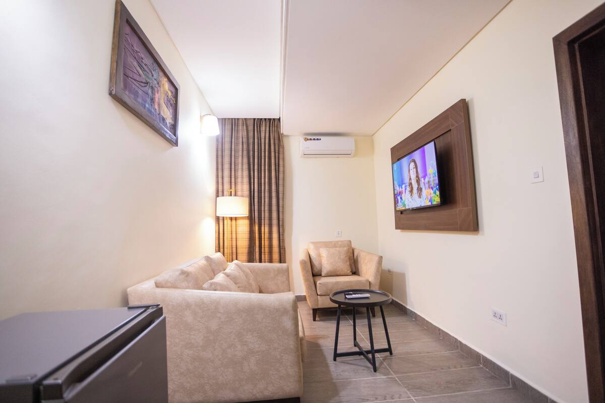 A hotel room with a sofa, a chair, a small table, a TV, an air conditioning unit, and a painting on the wall.