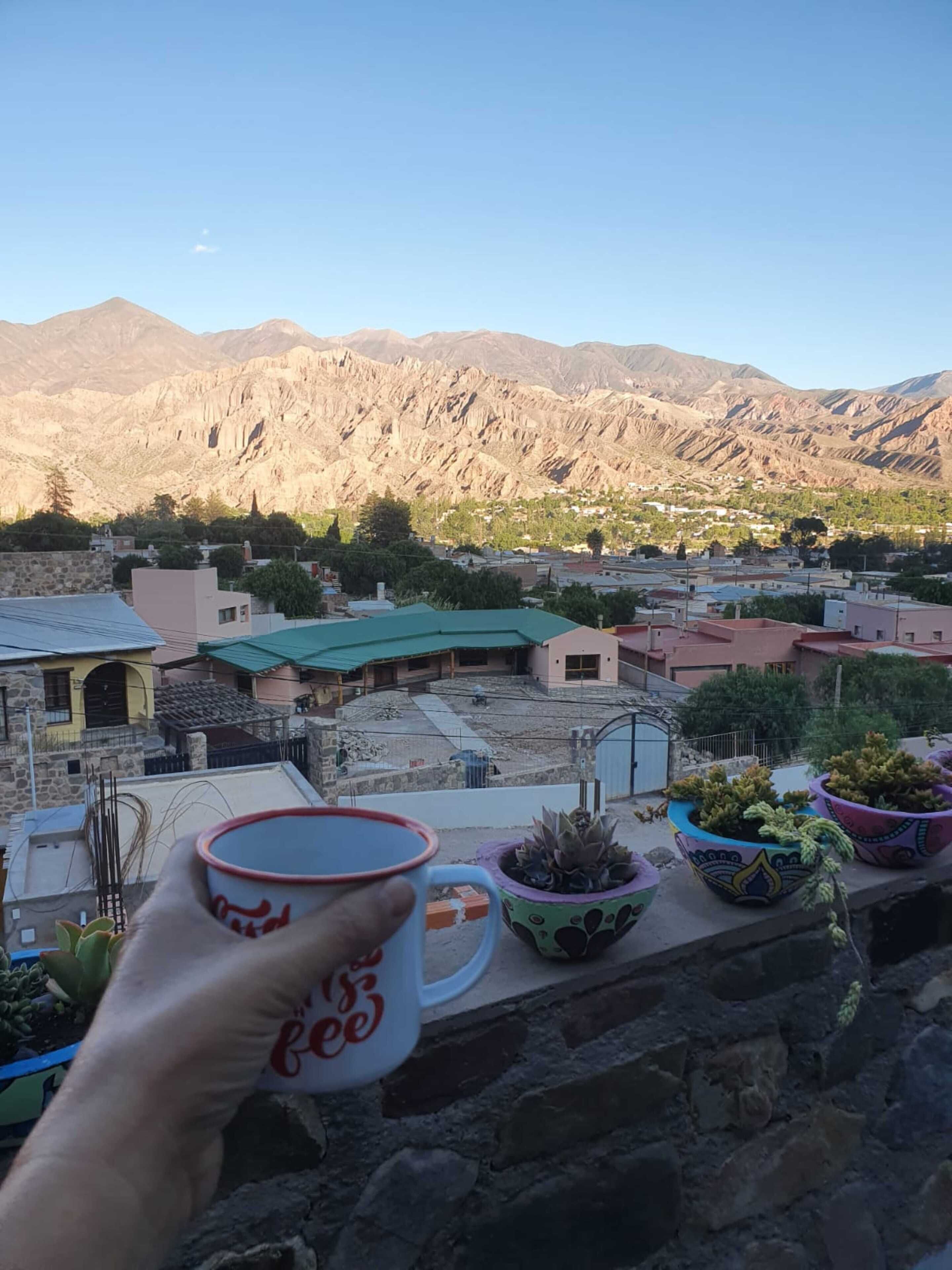 Une main tenant une tasse, avec une vue sur une montagne en arrière-plan.
