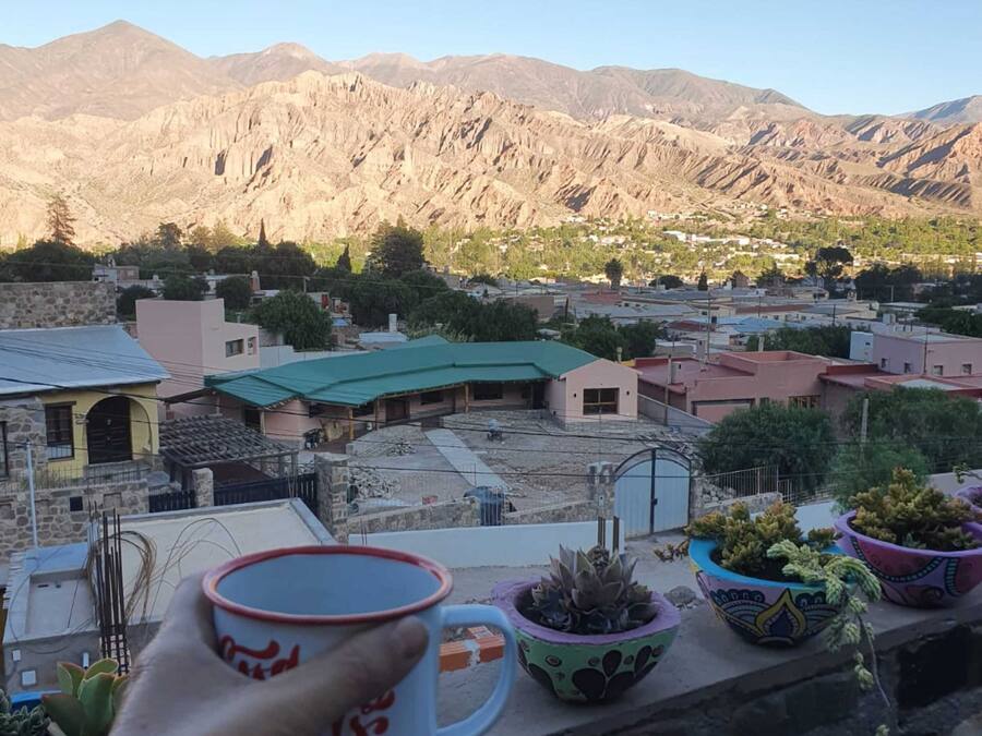 A hand holding a mug with a mountain view in the background.