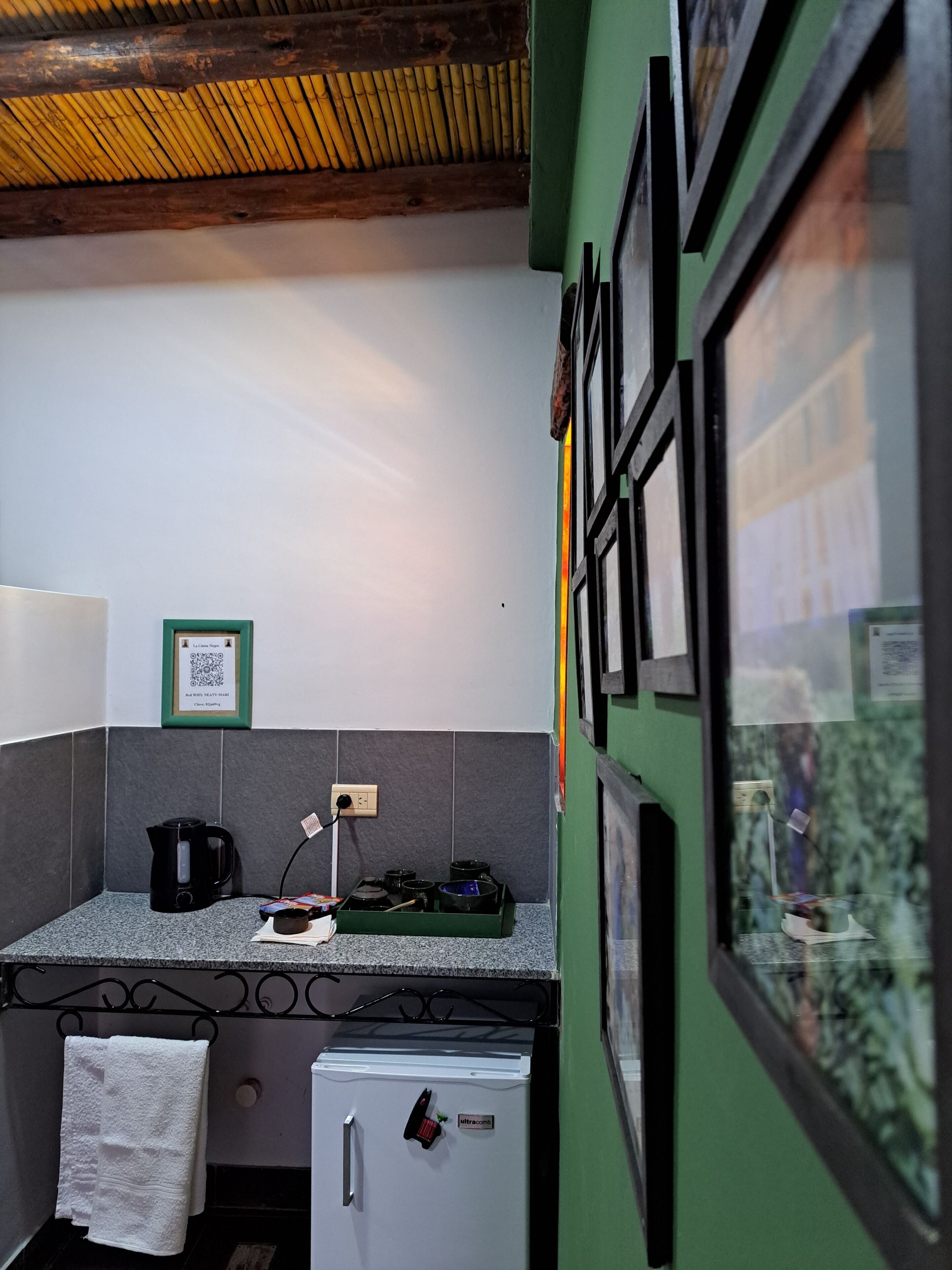 A small kitchenette with a refrigerator, a kettle, and a microwave. There is a window with a view of trees and a building.
