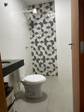 Hair dryer, towels, soap, shampoo