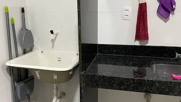 Hair dryer, towels, soap, shampoo