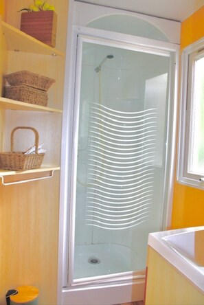 Shower, towels, toilet paper
