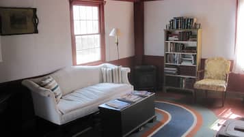 Chimenea, libros, biblioteca musical y estéreo
