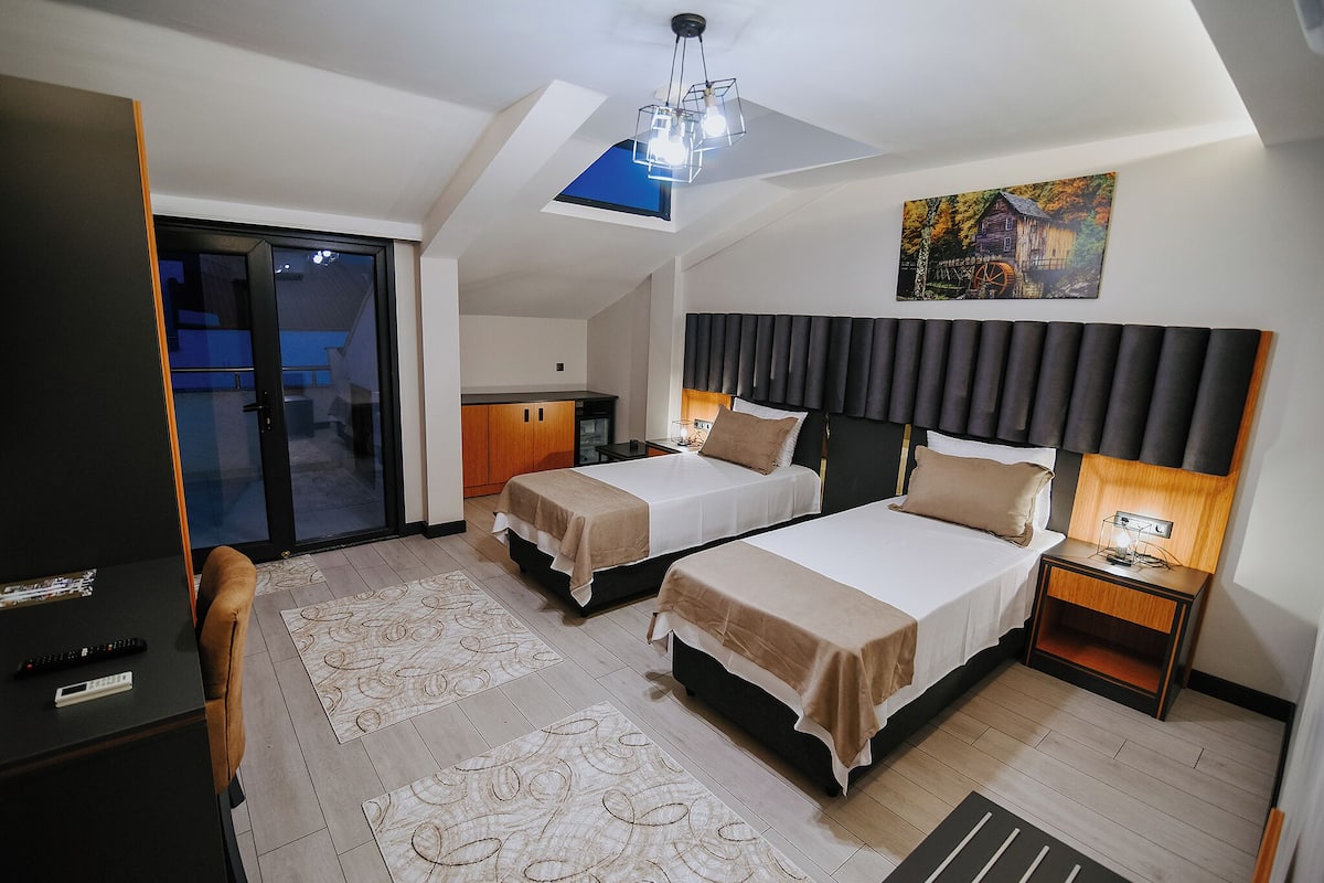 A modern hotel room with two beds, a desk, a chair, a small kitchen area, and a skylight.