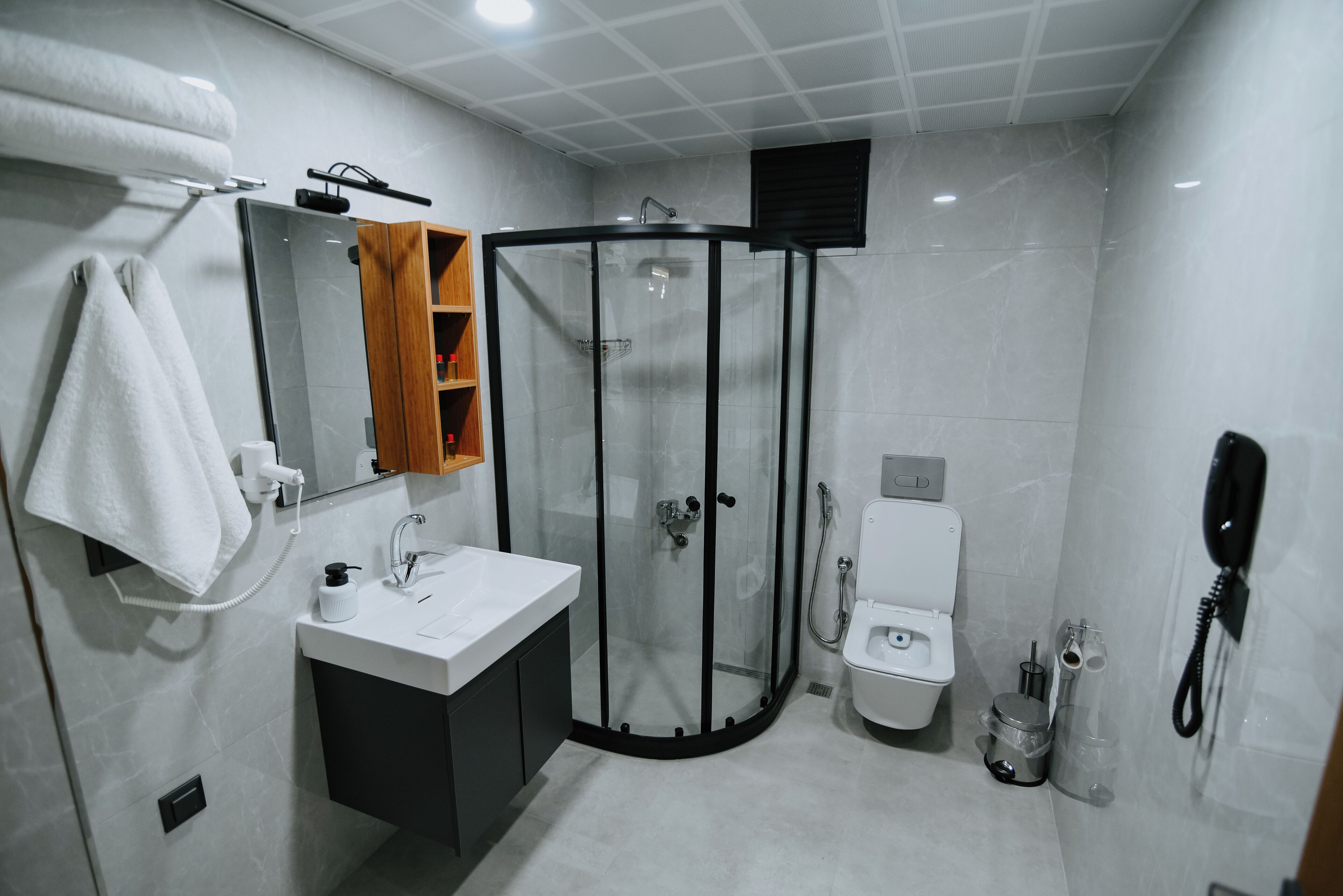 Et moderne badeværelse med et glasafskærmet brusebad, en hvid vask og et toilet.