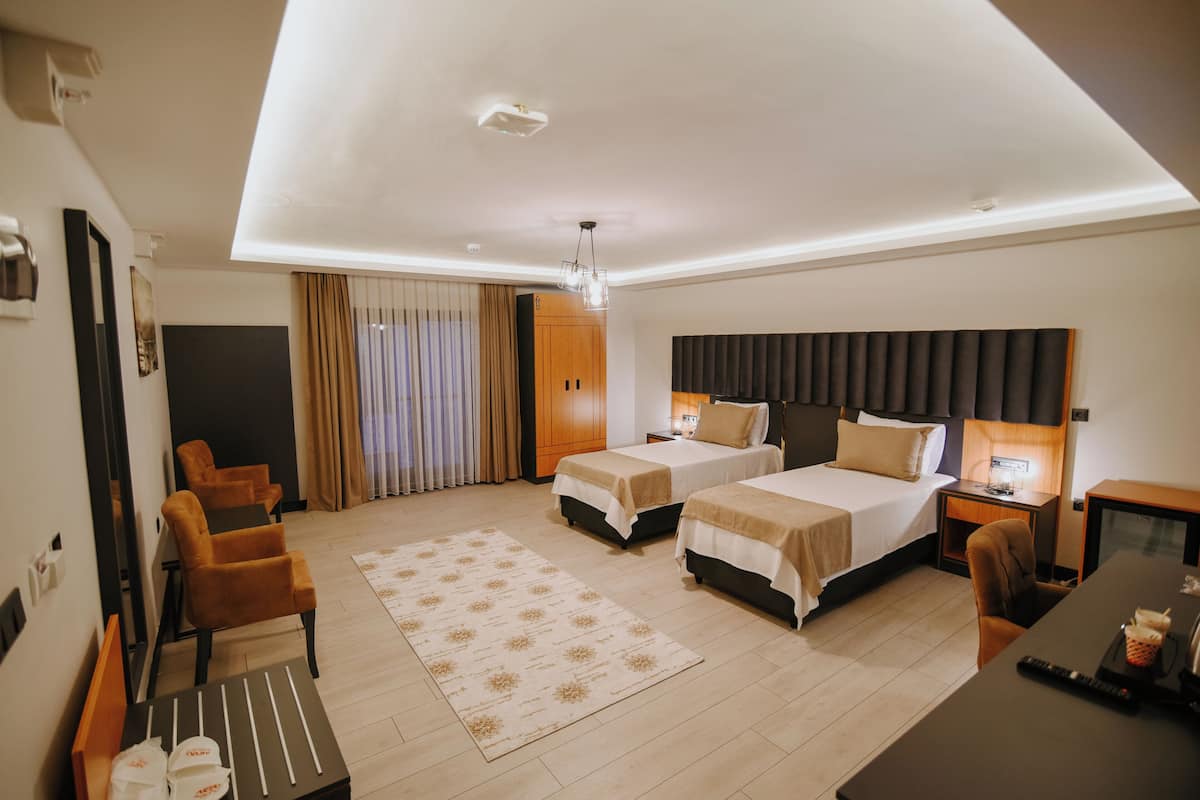 A modern hotel room with two beds, a desk, a chair, a TV, and a bathroom.