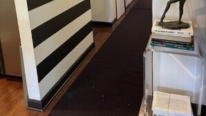 A hallway with black and white striped walls, a mirror, a statue, and a clear display case with books. - South Tampa! Stay Steps from Bayshore Near MacDill AFB (Tampa)