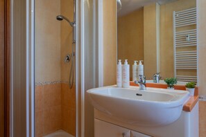 Een douche, een haardroger, een bidet, handdoeken