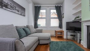 A living room with a grey sofa, a green rug, a TV, and a fireplace. - Ground Floor Apartment - Private Garden (London)