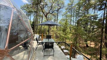 A transparent dome structure with a table and chairs, surrounded by a forest.