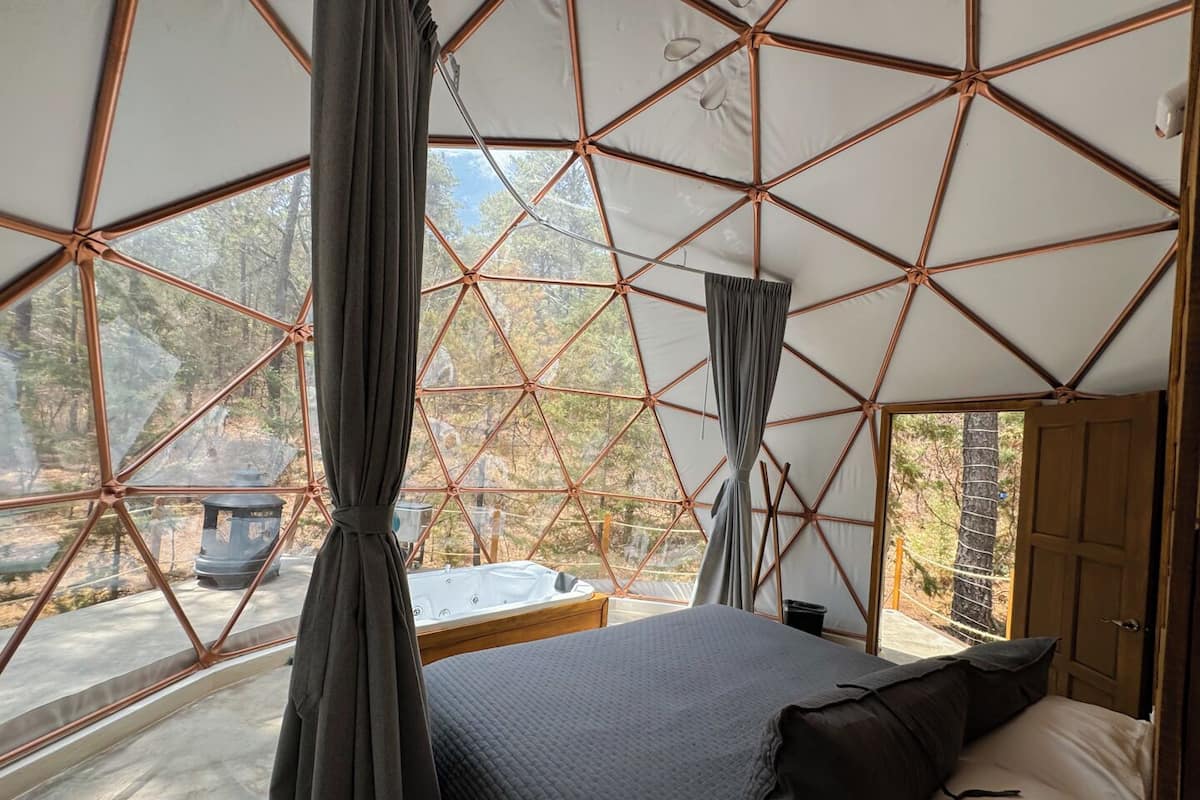 Ein Zimmer mit einem geometrischen Deckendesign, einem Bett mit einer gesteppten Bettdecke und Blick auf eine bewaldete Landschaft.