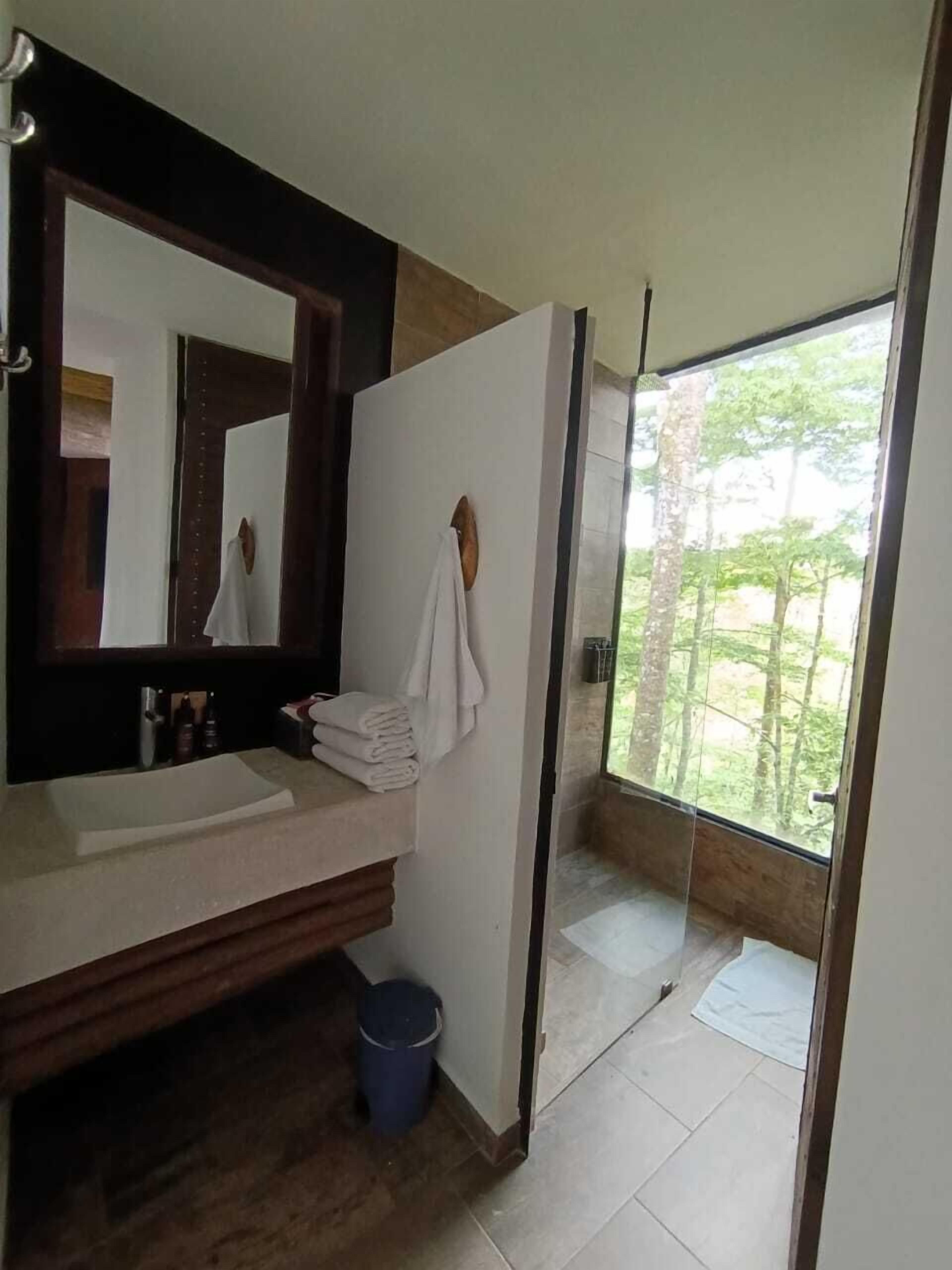 A bathroom with a large mirror, a sink, a towel rack, and a view of the outdoors through a glass door.