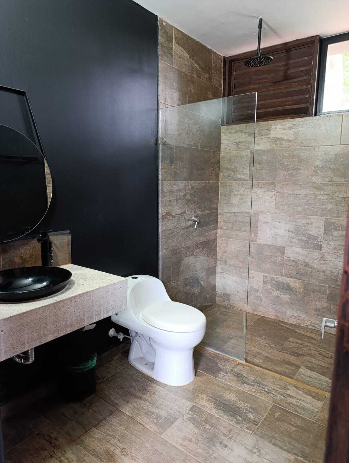 A bathroom with a toilet, a sink, a shower enclosure, and a mirror.