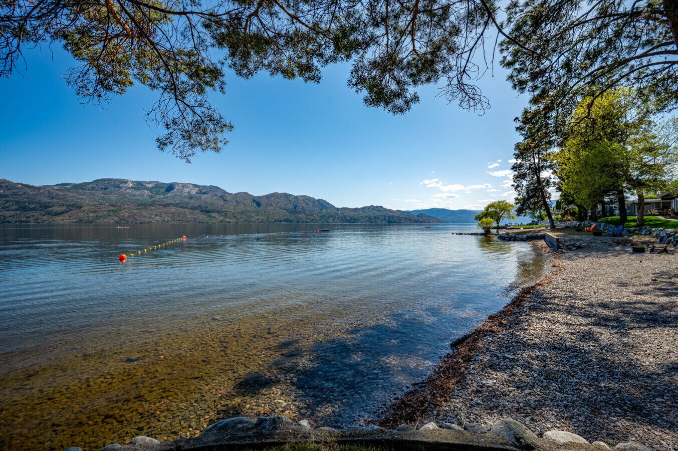 A lakeside view with clear water, a pebble beach, and distant mountains.