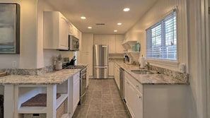 A kitchen with white cabinets, granite countertops, stainless steel appliances, and a window with blinds.