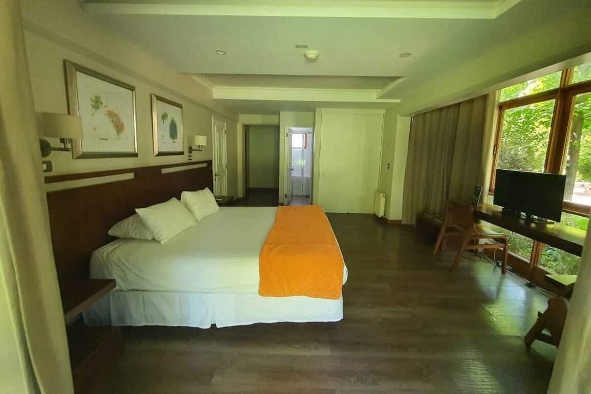 Una habitación de hotel con una cama grande, un escritorio con televisor y vistas al exterior por la ventana.