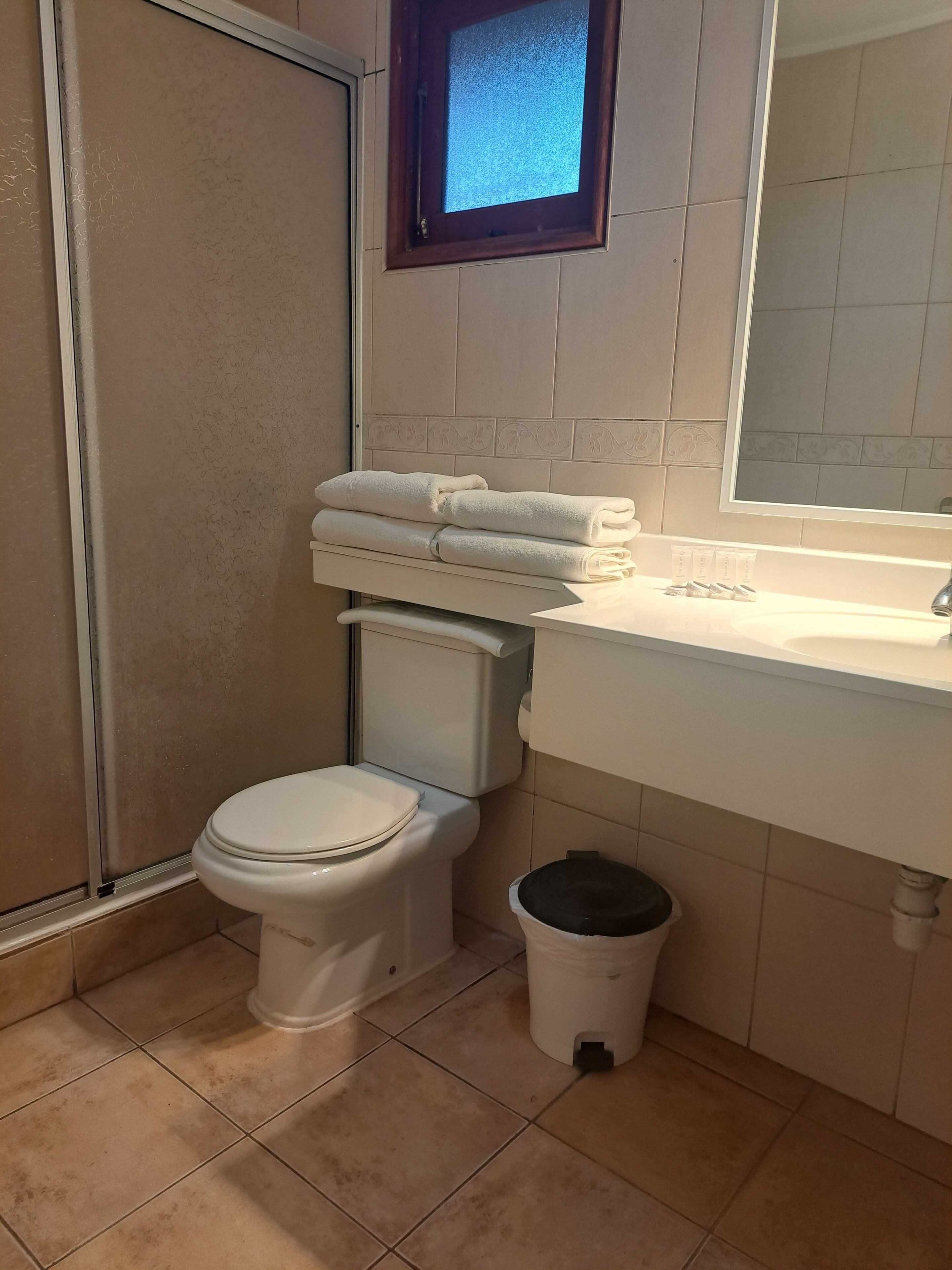 A bathroom with a toilet, a sink, a window, and a trash bin.