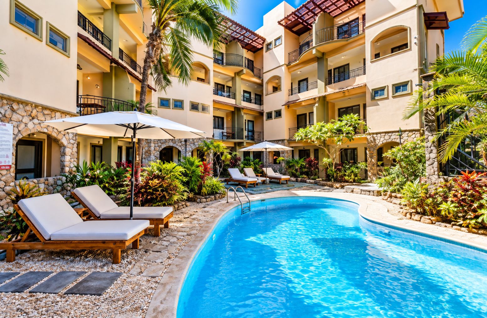A hotel pool area with lounge chairs, a swimming pool, and a stone wall.