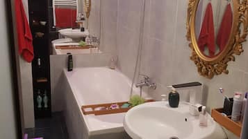 Hair dryer, towels, soap, shampoo