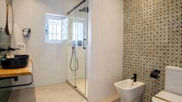 Shower, hair dryer, towels