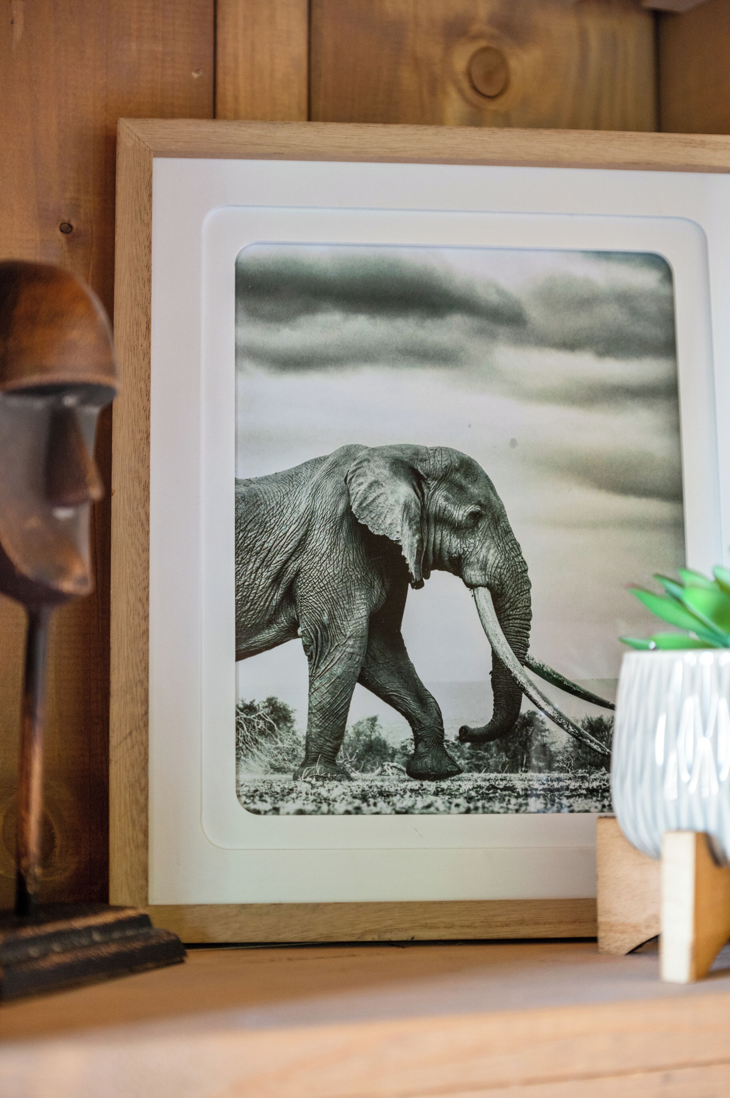 Fotografía en blanco y negro enmarcada de un elefante sobre una superficie de madera.