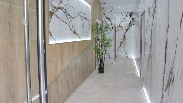 A modern hallway with marble walls, a potted plant, and a large artwork. - Large Apartment by Spinningfields - Manchester - Pass the Keys (Salford)