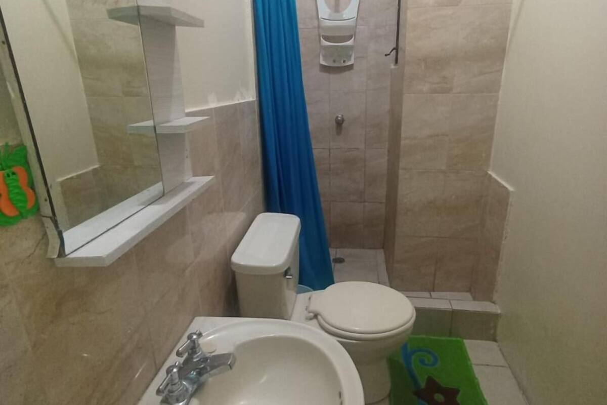 Ein Badezimmer mit Waschbecken, Toilette und Dusche.