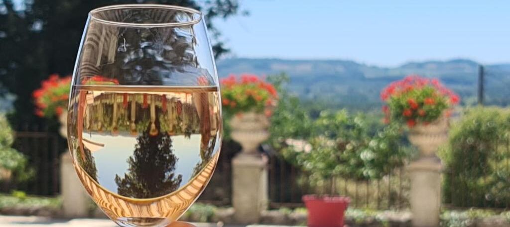 Una copa de vino blanco transparente que refleja un jardín con flores rojas y un camino.
