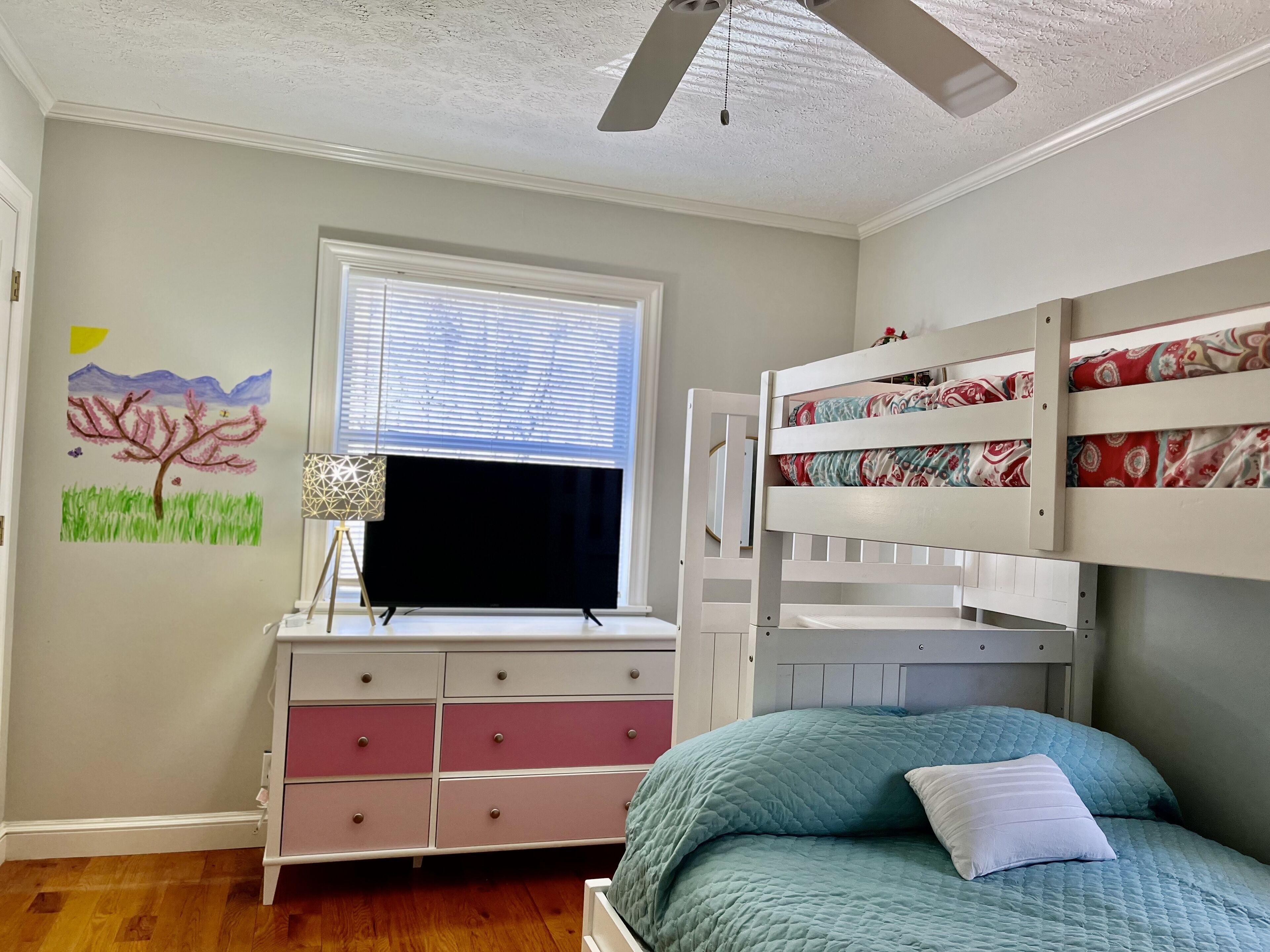 A bedroom with a bunk bed, a dresser with pink drawers, a flat-screen TV, and a window with blinds.