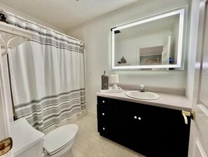A bathroom with a toilet, a sink with a mirror above it, and a shower curtain. - Harmony House-Near TIEC & Vineyards,Pool Table,Fire Pit,Sleeps 8,Mountain Views (Mill Spring)