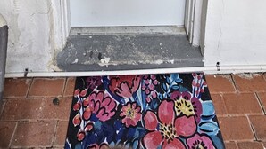 Une porte blanche avec le numéro « 2 » au-dessus, un panneau de verre et un paillasson orné de motifs floraux.